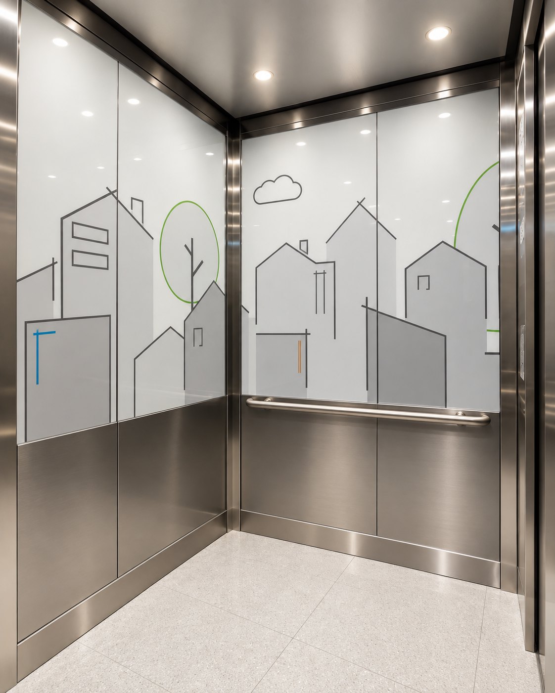 Custom image glass elevator interior — Freddie Mac HQ, VA