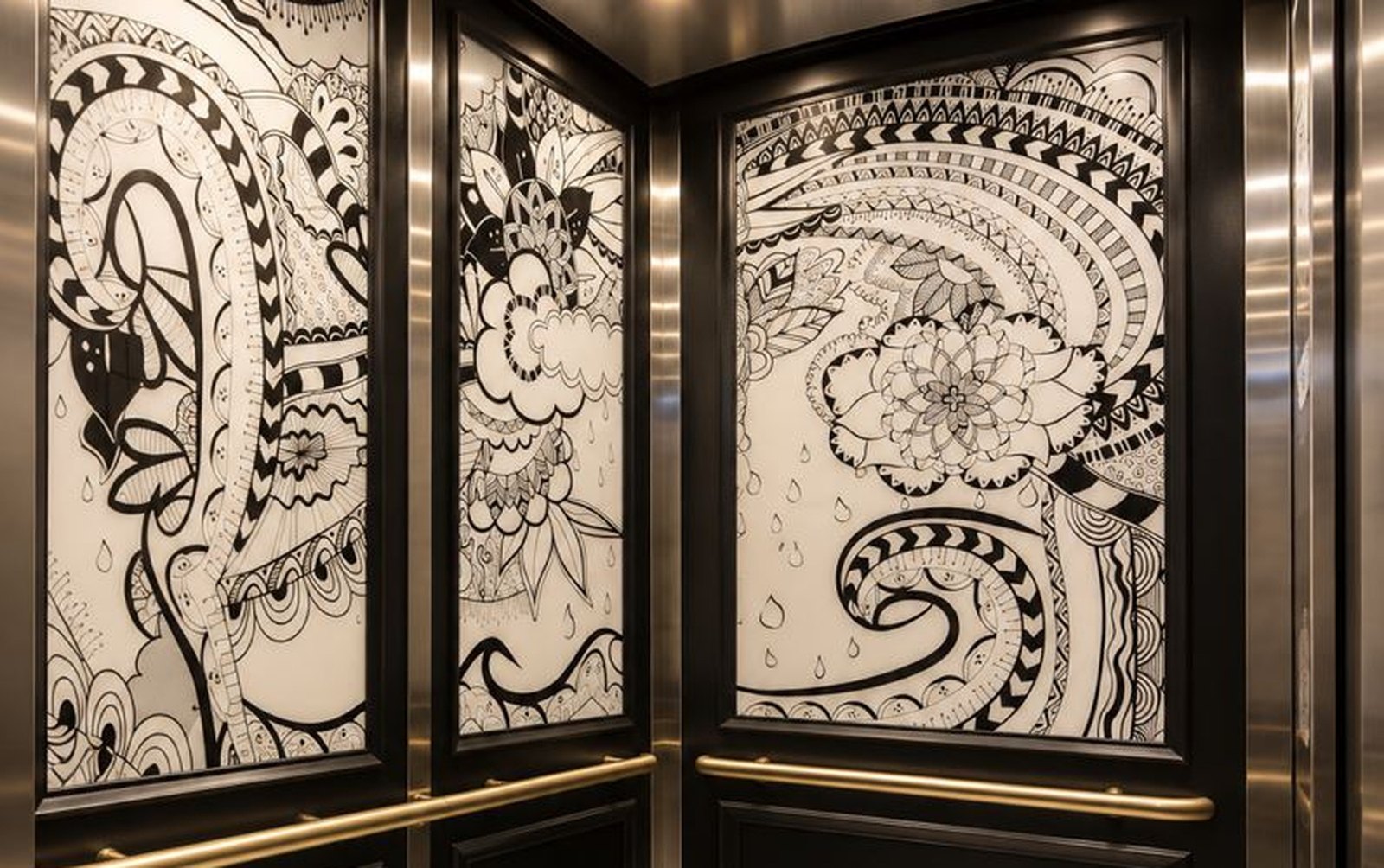 Custom image glass elevator interior — Rouge Hotel, DC