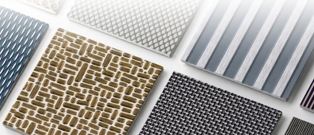 Decorative metal sample boards — perforated, woven, embossed and sculpted metal finishes