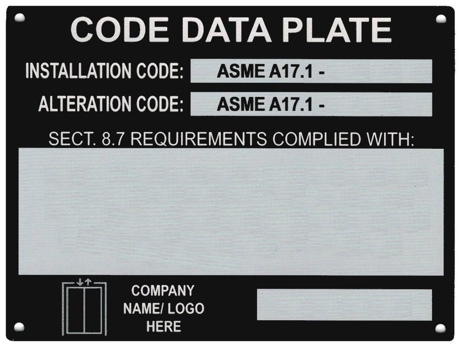 Elevator code data plate — installation code, alteration code and Section 8.7 requirements, laser-etched on black anodized aluminum
