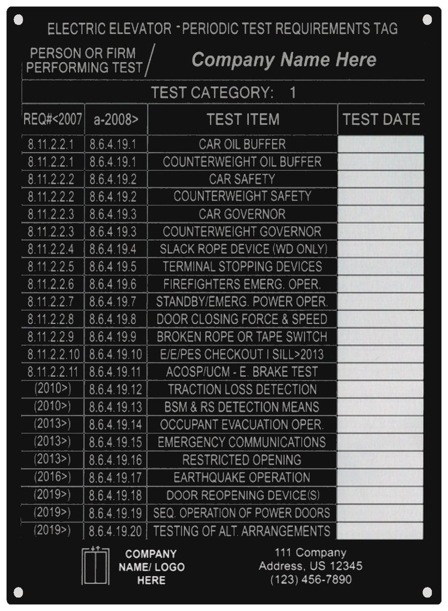 Electric elevator periodic test requirements tag