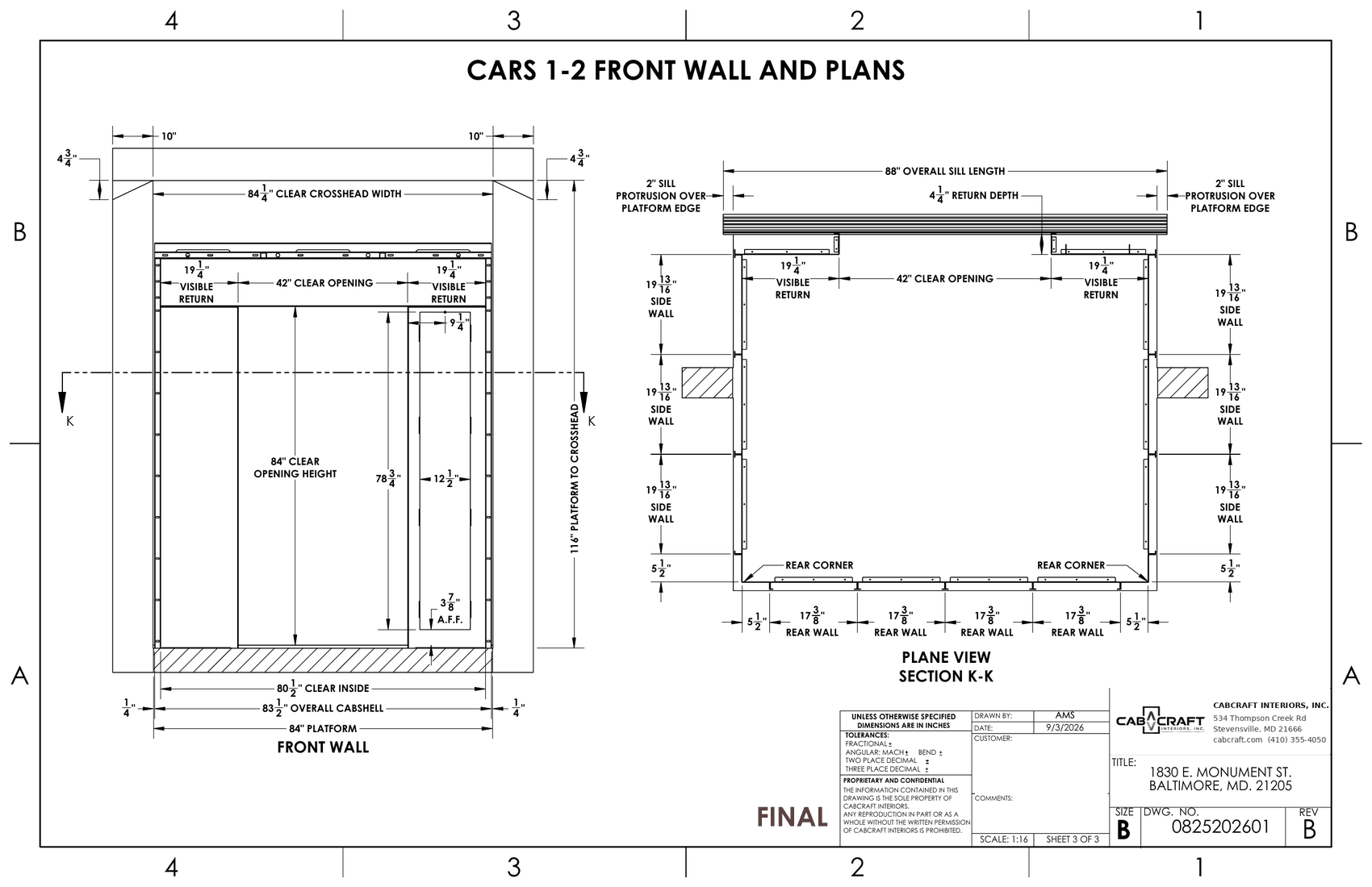 Sheet 3 — front wall and plan section