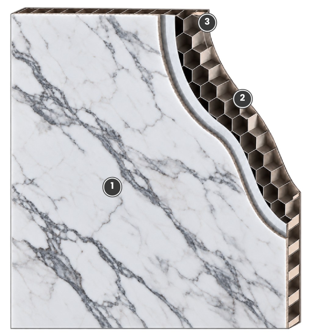 Cutaway of a CabCraft stone panel: quarter-inch natural stone veneer bonded to an aluminum honeycomb core
