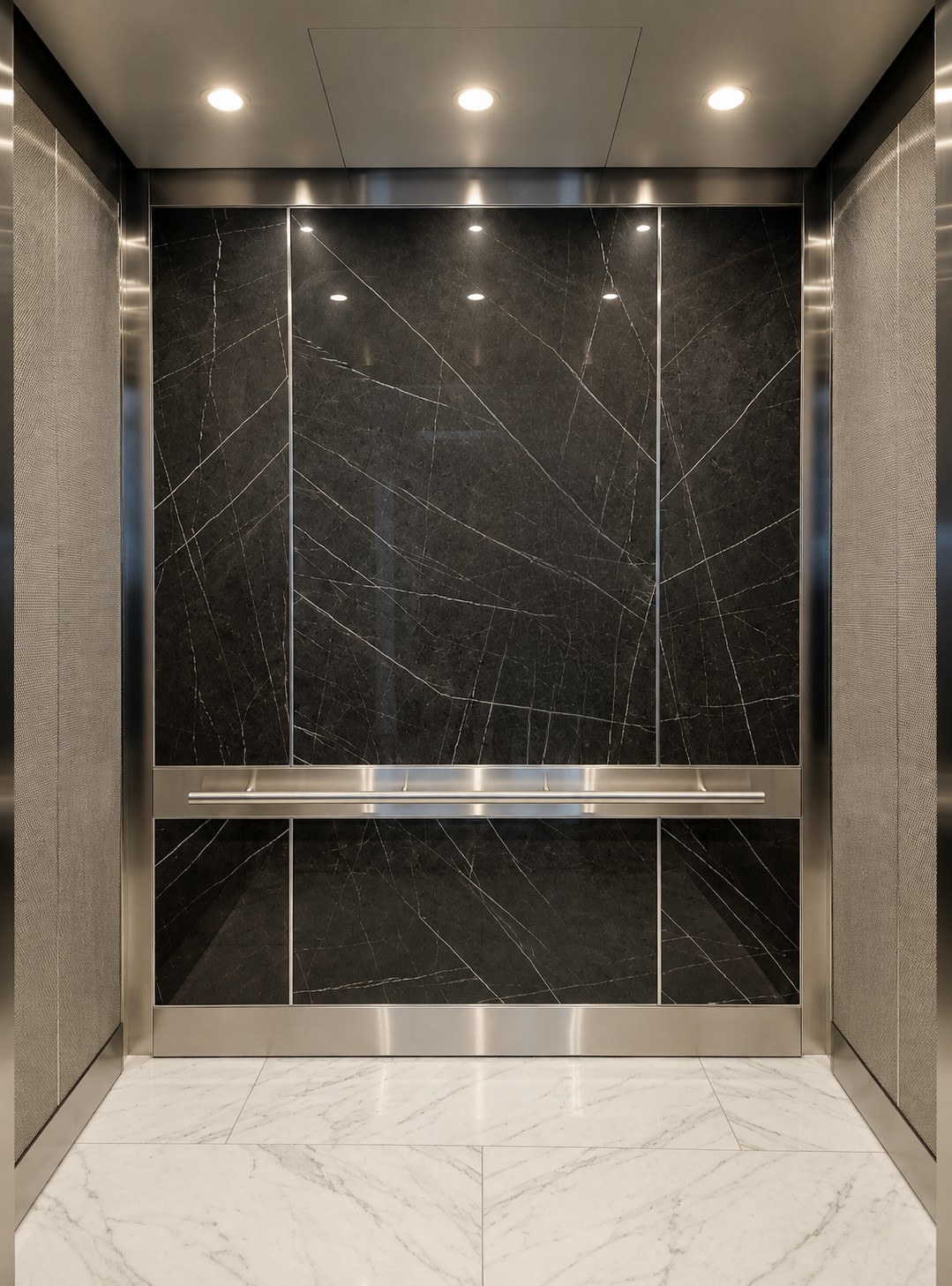 Elevator cab interior with black marble stone panels and stainless steel trim